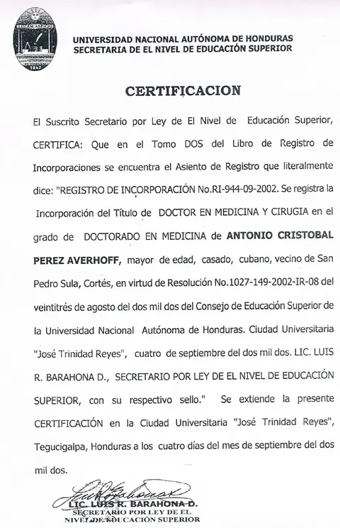 Certificación de incorporación del título de Doctor en Medicina y Cirugía, UNAH
