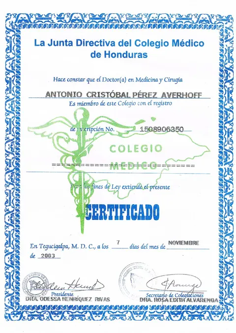 Certificado de colegiación del Colegio Médico de Honduras
