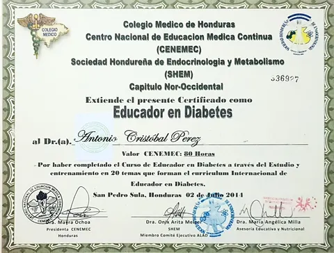 Certificado como Educador en Diabetes, CENEMEC