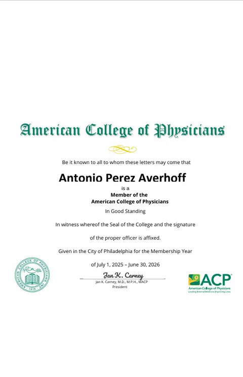 Certificado de membresía como Member del American College of Physicians
